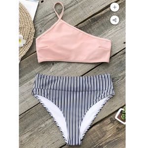 PINK WHITE AND BLUE HIGH-WAISTED BIKINI -CUPSHE